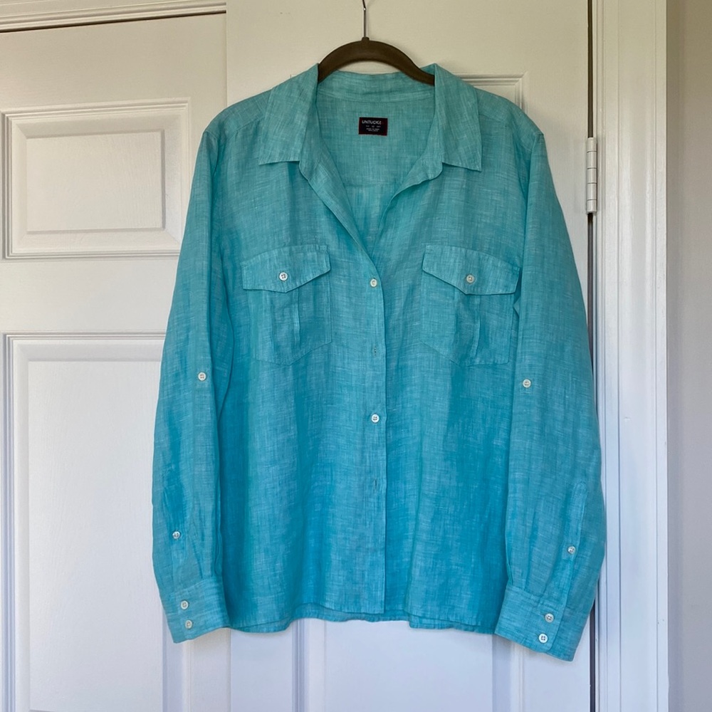 UnTuckit Women’s turquoise washable linen blouse, size 12, worn once